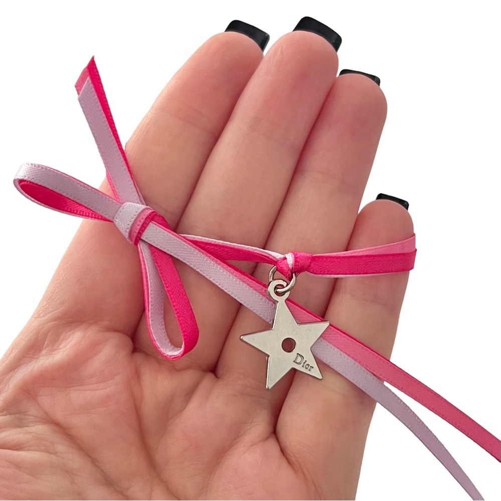 VTG Christian Dior Beauty Pink Ribbon Bow & Star Charm Tie Around Bracelet